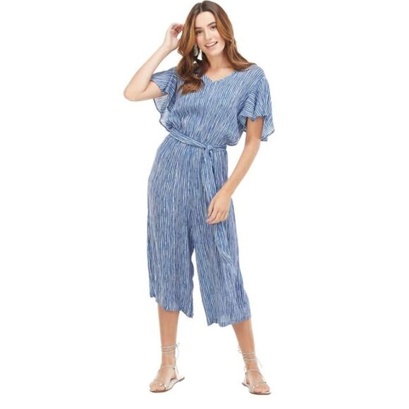 Mud Pie Rayon Striped Blue Jumpsuit Flutter Sleeves NWOT Size S - Picture 6 of 11